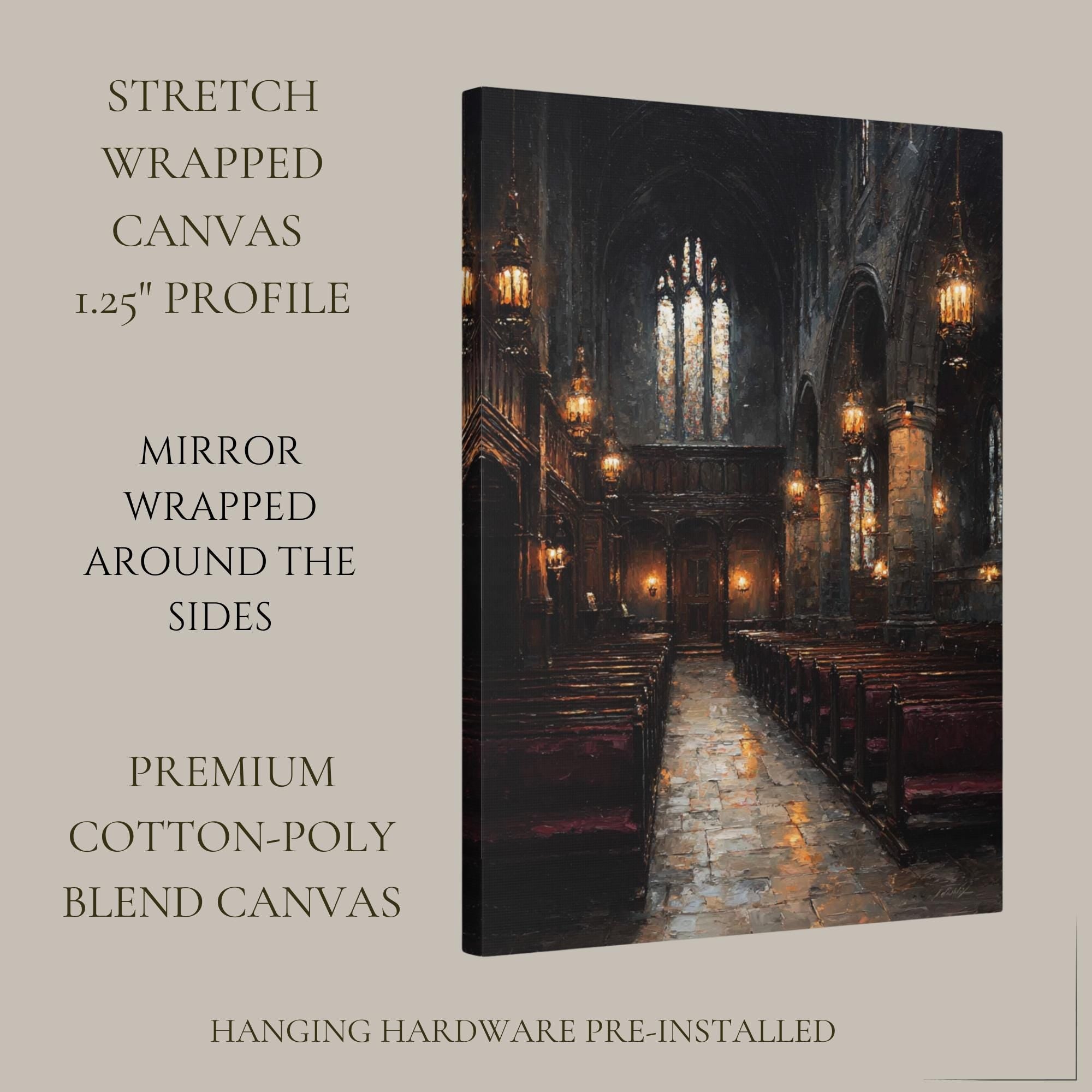 Stained Glass Window Chapel Wall Art Print Victorian Church Interior Glowing Lantern Lights Painting