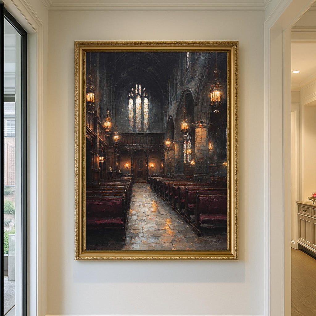 Stained Glass Window Chapel Wall Art Print Victorian Church Interior Glowing Lantern Lights Painting