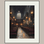 Stained Glass Window Chapel Wall Art Print Victorian Church Interior Glowing Lantern Lights Painting