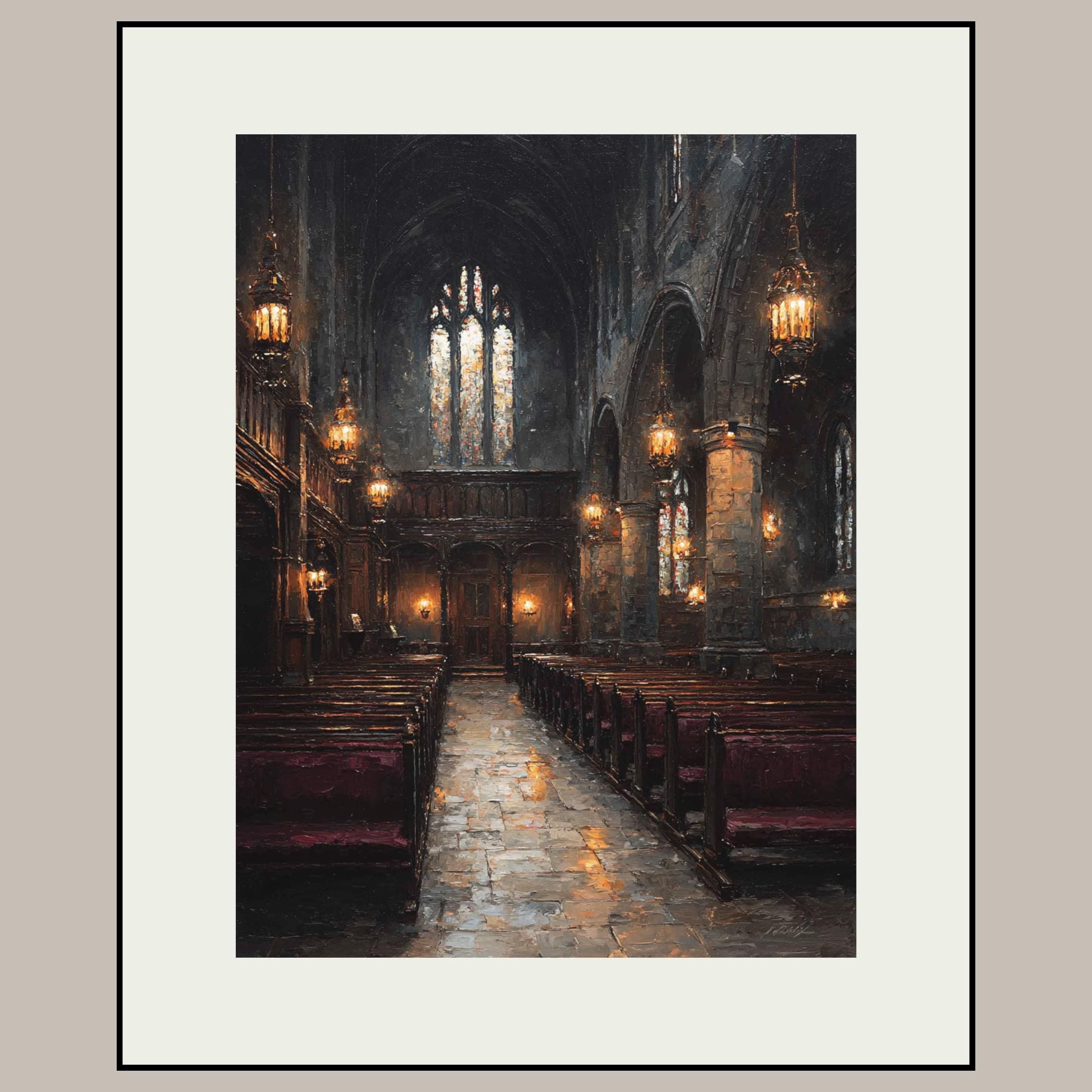 Stained Glass Window Chapel Wall Art Print Victorian Church Interior Glowing Lantern Lights Painting