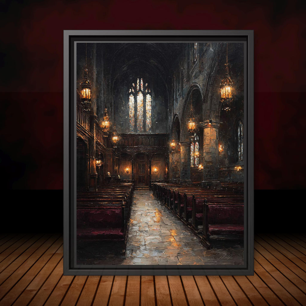 Stained Glass Window Chapel Wall Art Print Victorian Church Interior Glowing Lantern Lights Painting