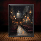 Stained Glass Window Chapel Wall Art Print Victorian Church Interior Glowing Lantern Lights Painting