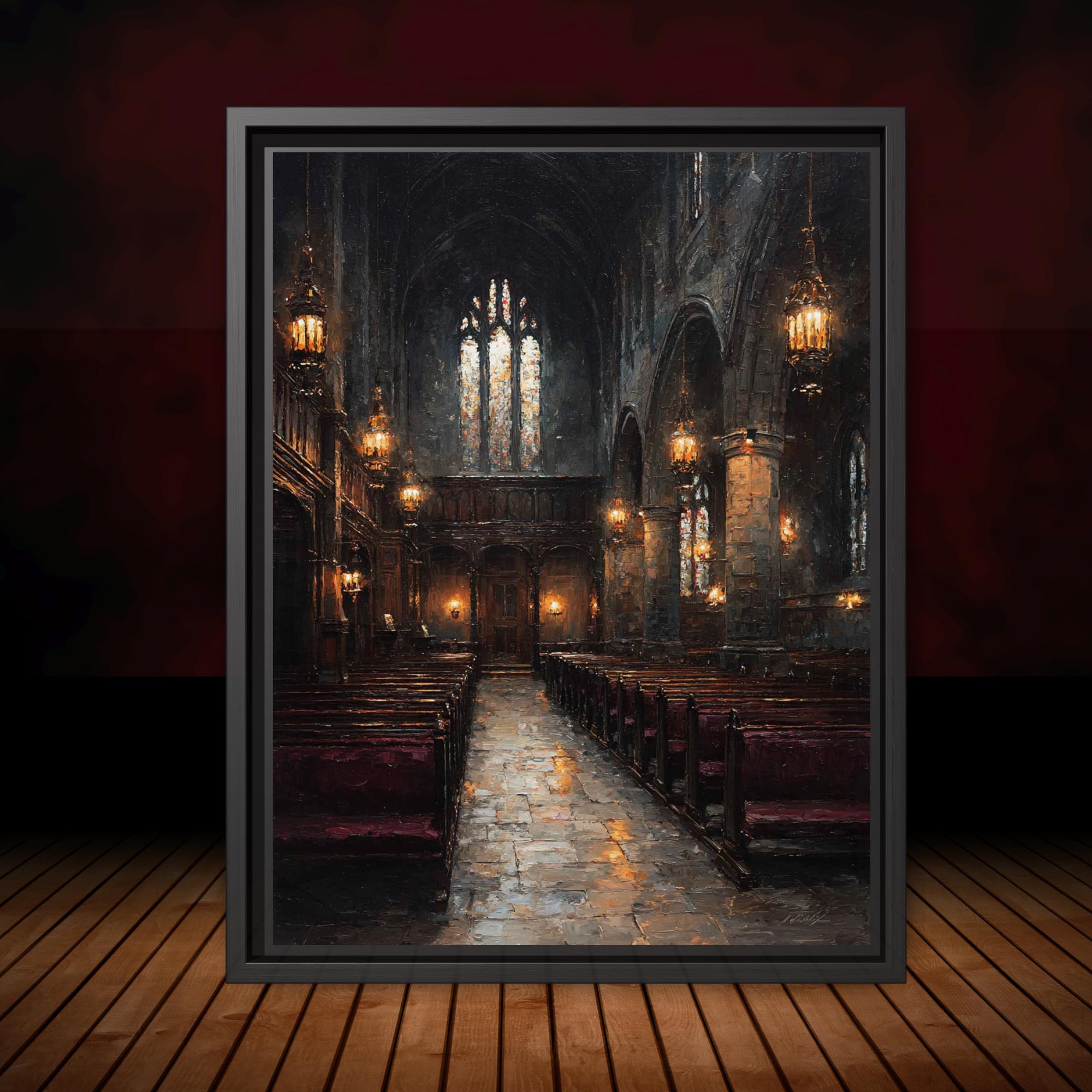 Stained Glass Window Chapel Wall Art Print Victorian Church Interior Glowing Lantern Lights Painting