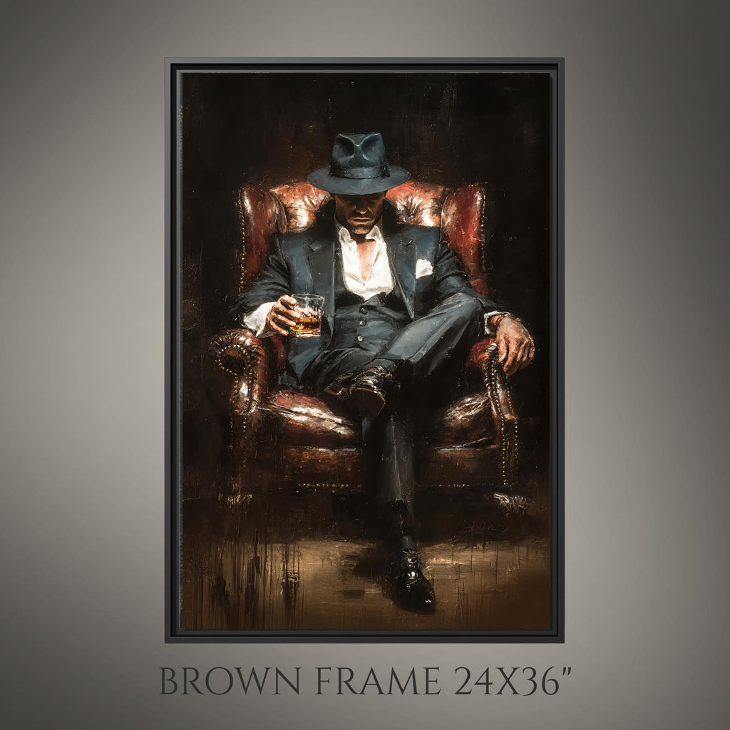 Mafia Boss Wall Art Print, Man in Suit and Fedora with Whiskey Painting