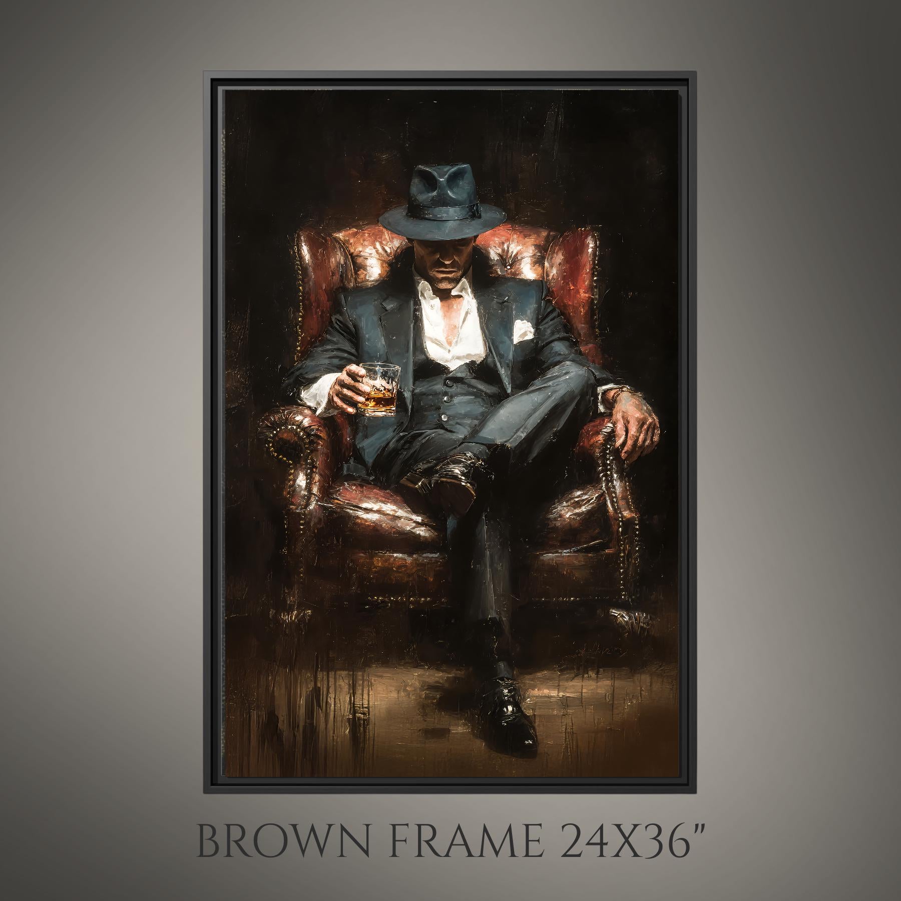 Mafia Boss Wall Art Print, Man in Suit and Fedora with Whiskey Painting