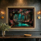 Pink Toadstools Teal River Golden Fireflies Willow Art Print, Glowing Enchanted Forest Magical Painting
