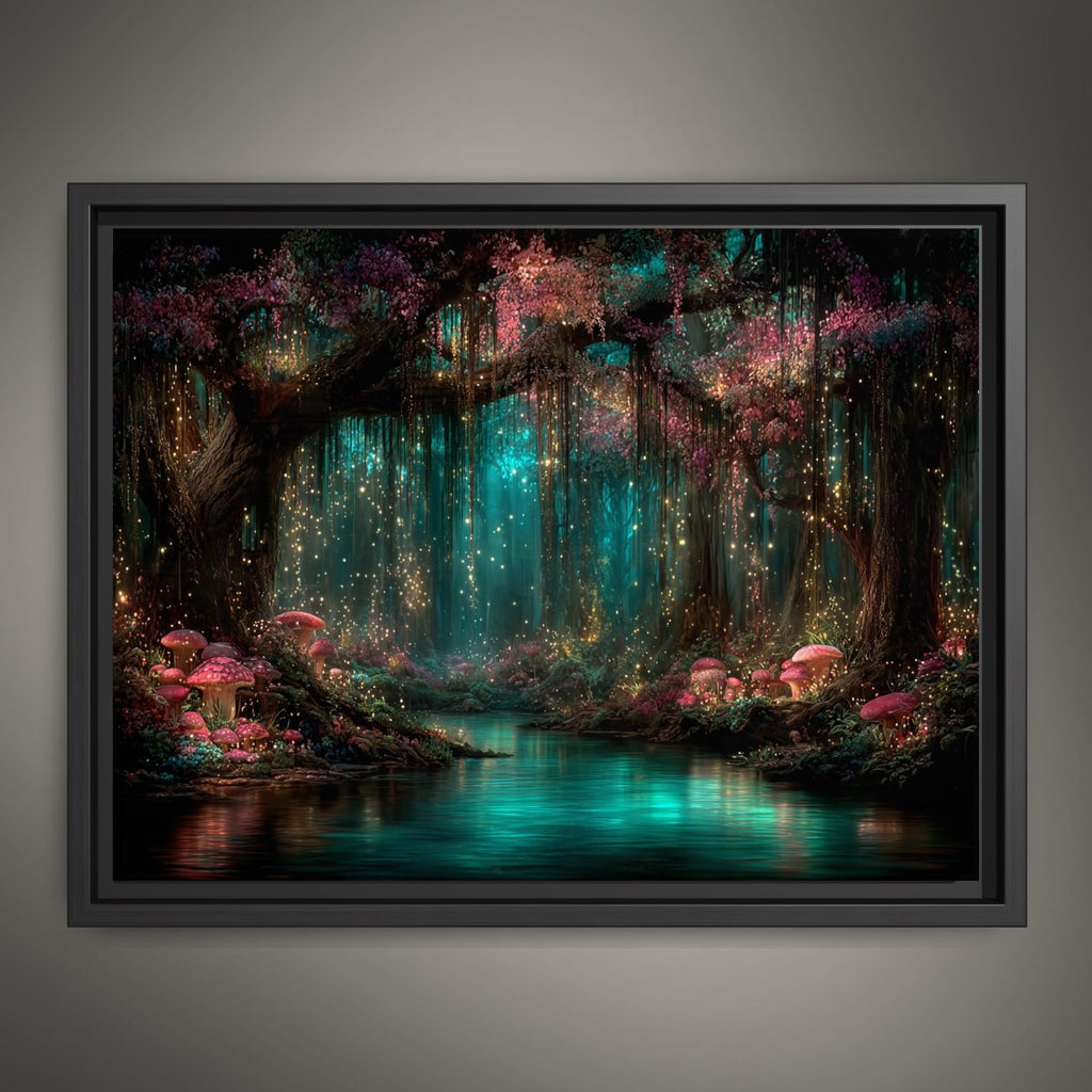 Pink Toadstools Teal River Golden Fireflies Willow Art Print, Glowing Enchanted Forest Magical Painting