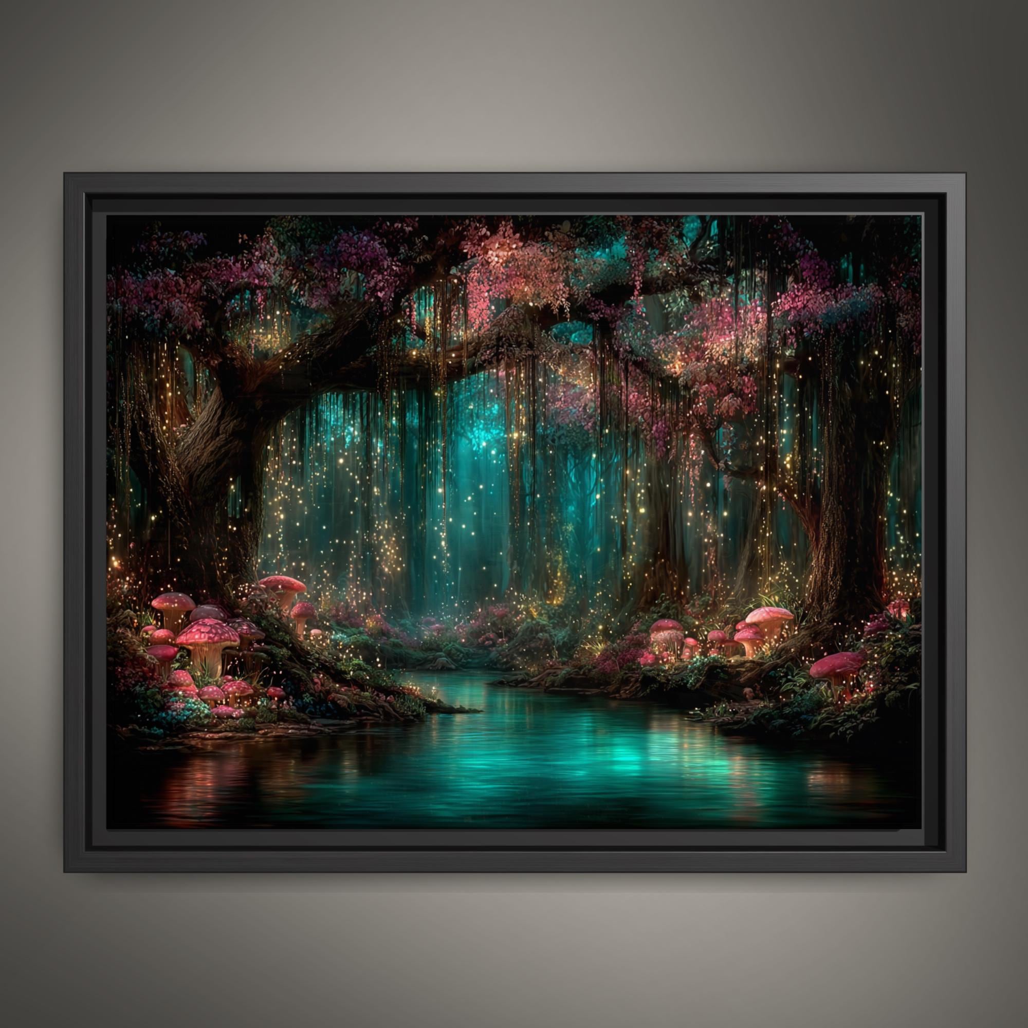 Pink Toadstools Teal River Golden Fireflies Willow Art Print, Glowing Enchanted Forest Magical Painting