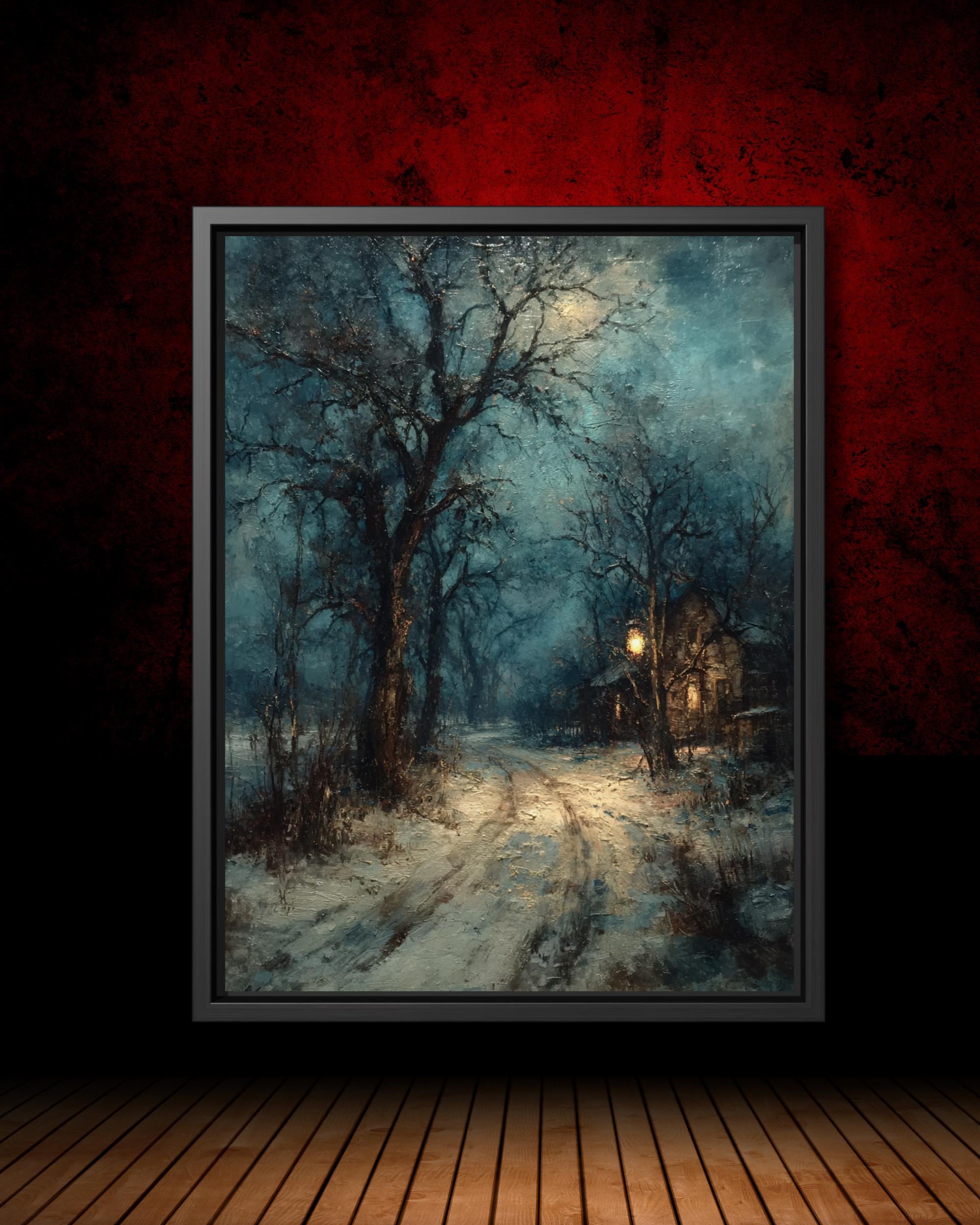 Winter Cottage Snowy Path Art Print, Moody Snow Scene, Wintery Moon Tree Silhouette Painting Main image