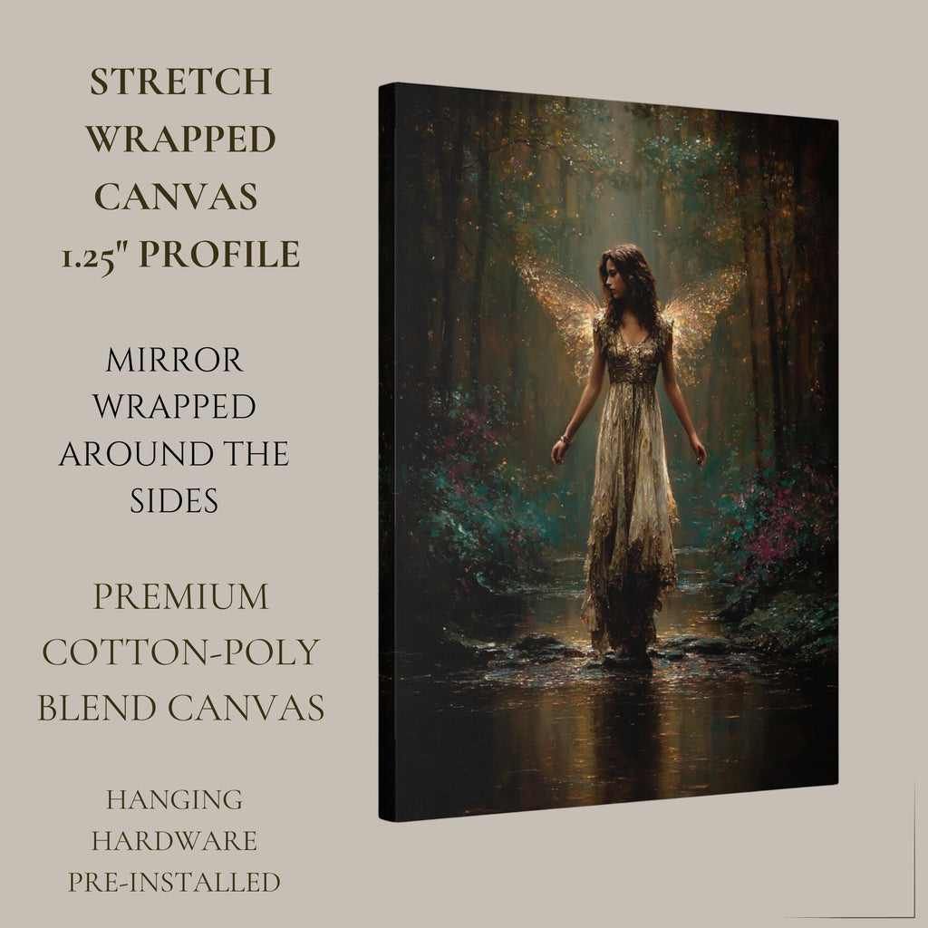 Golden Wing Fairy Wall Art Print, Enchanted Forest Fae Woman Painting, Magical Fairycore Decor