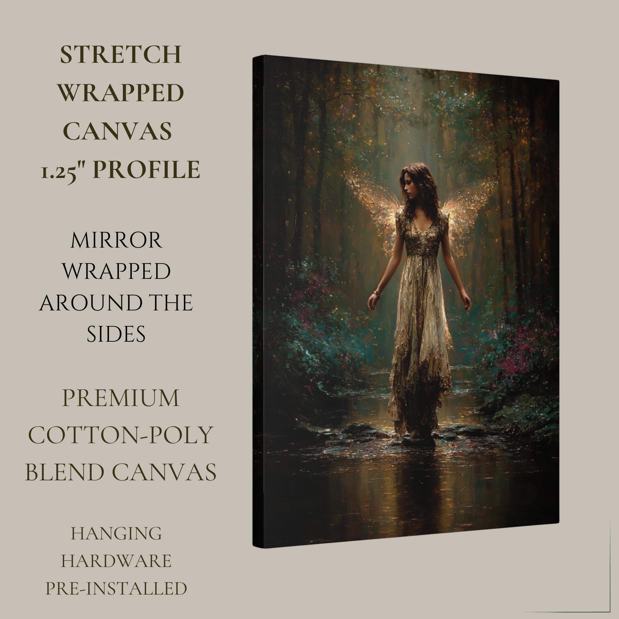 Golden Wing Fairy Wall Art Print, Enchanted Forest Fae Woman Painting, Magical Fairycore Decor