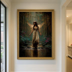 Golden Wing Fairy Wall Art Print, Enchanted Forest Fae Woman Painting, Magical Fairycore Decor