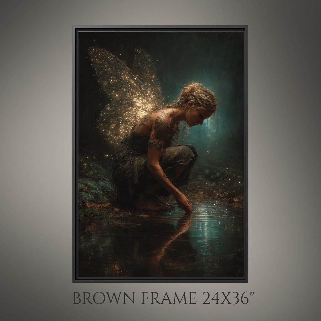 Tattooed Fairy Wall Art Print, Golden Wings Fantasy Painting, Dark Fairycore Enchanted Forest Decor