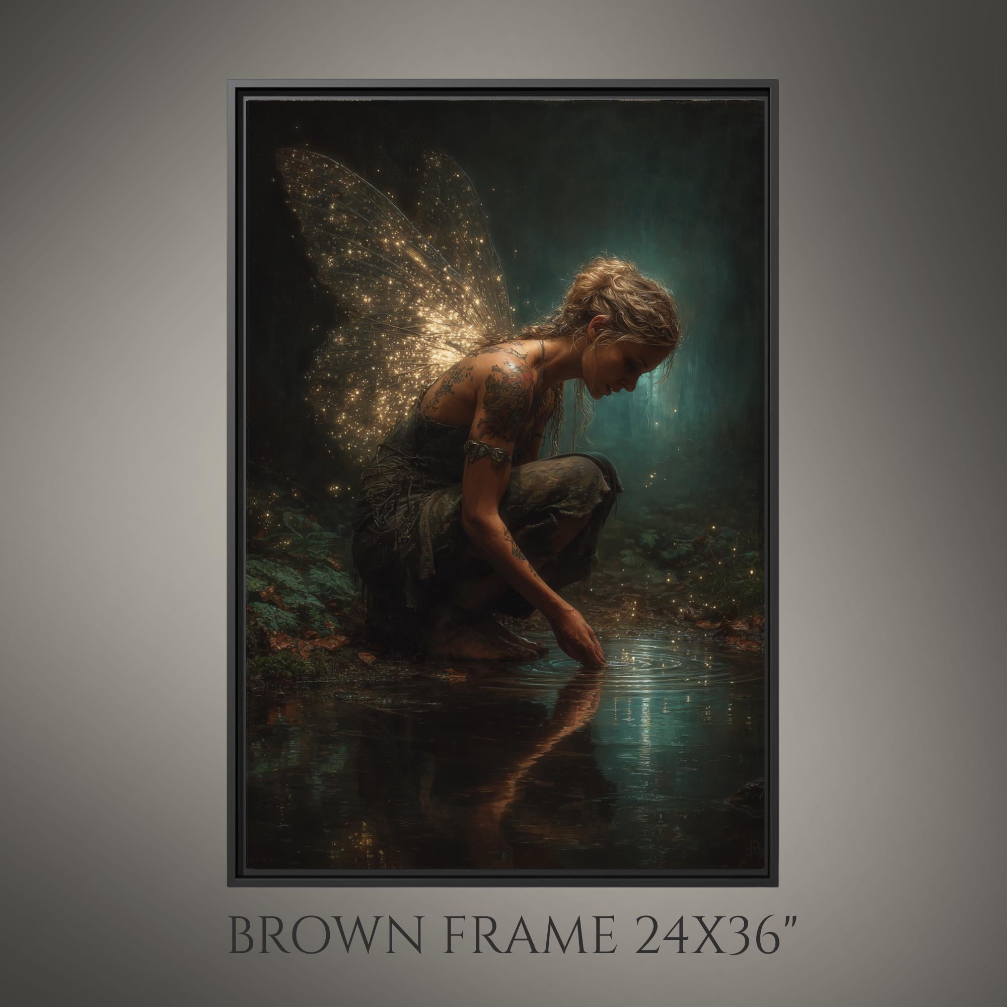 Tattooed Fairy Wall Art Print, Golden Wings Fantasy Painting, Dark Fairycore Enchanted Forest Decor