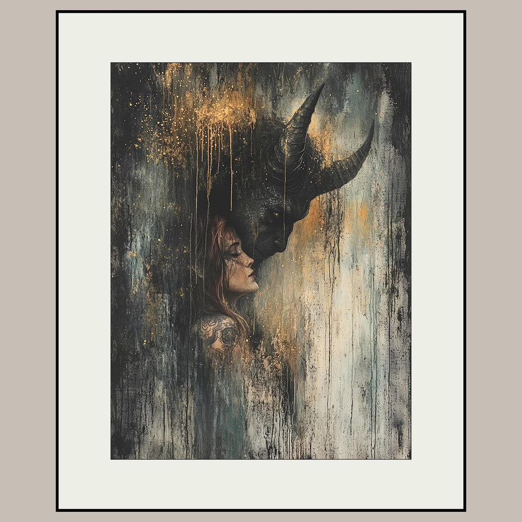 Black Horned Demon and Woman Art Print Dark Fantasy Gold Drip Occult Devil Decor