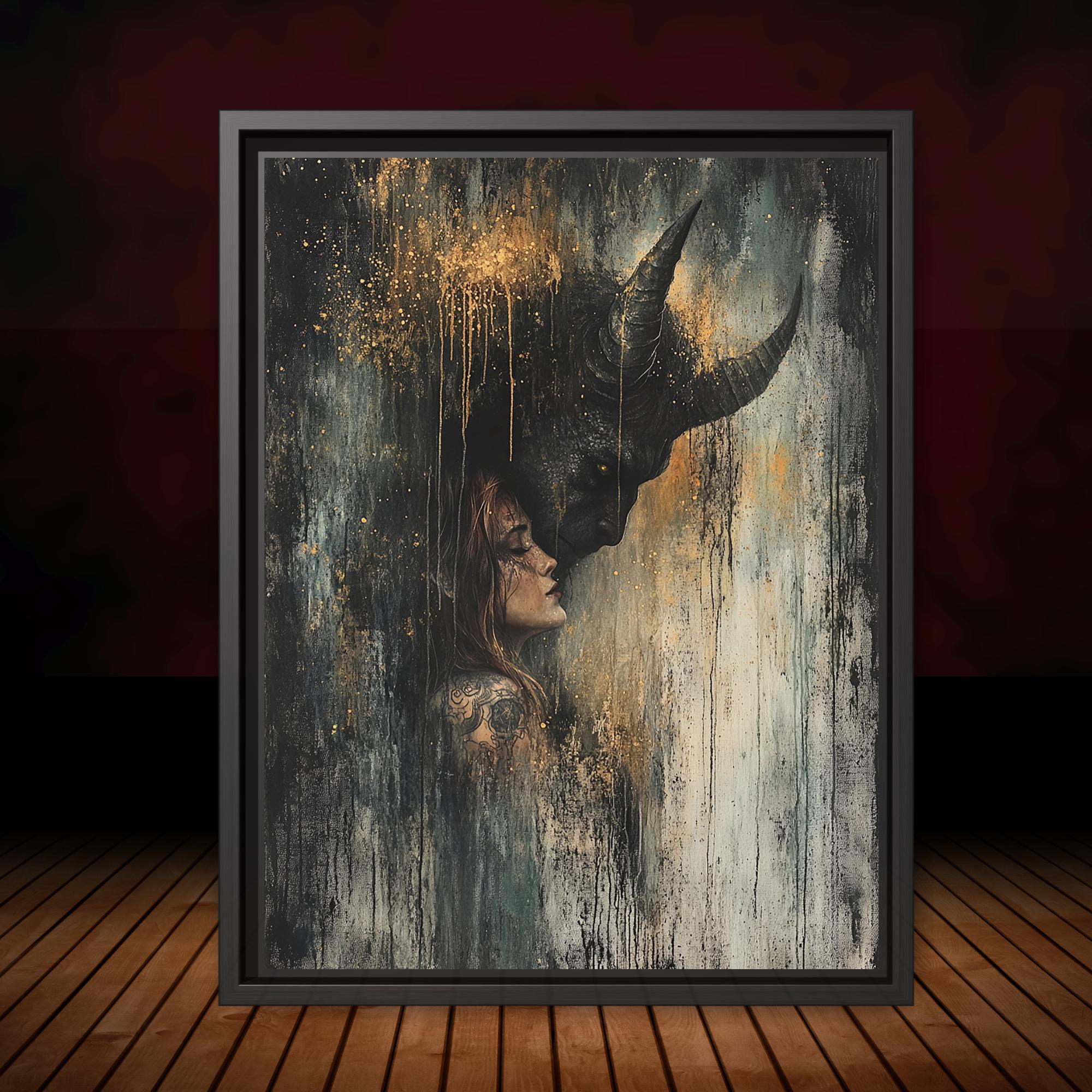 Black Horned Demon and Woman Art Print Dark Fantasy Gold Drip Occult Devil Decor