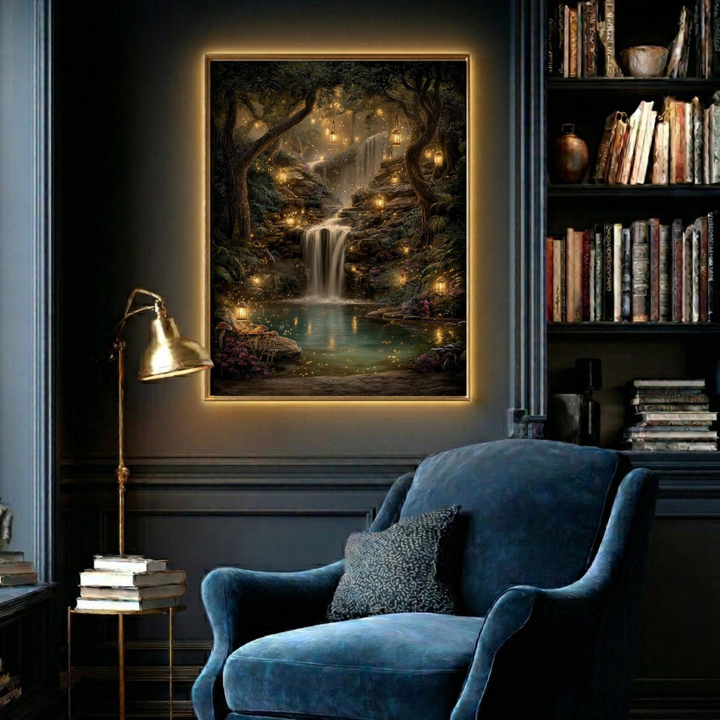 Enchanted Woodland Waterfall Print, Fireflies and Golden Lights Magical Forest Tree Painting