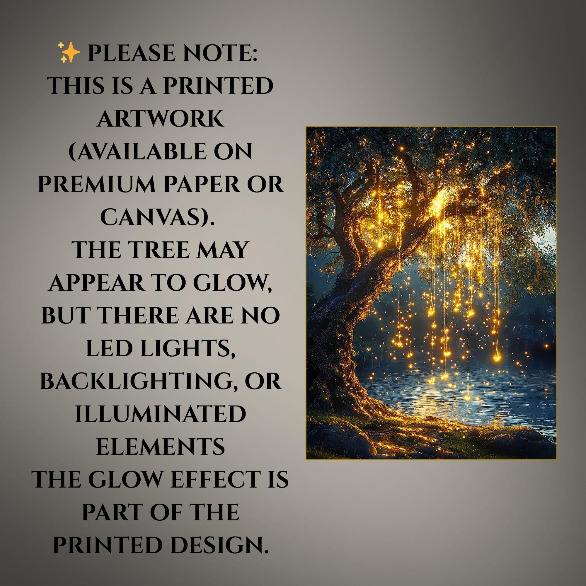 Willow Tree with Fairy Lights Print, Moonlit Lake Wall Art, Enchanted Dark Academia Painting