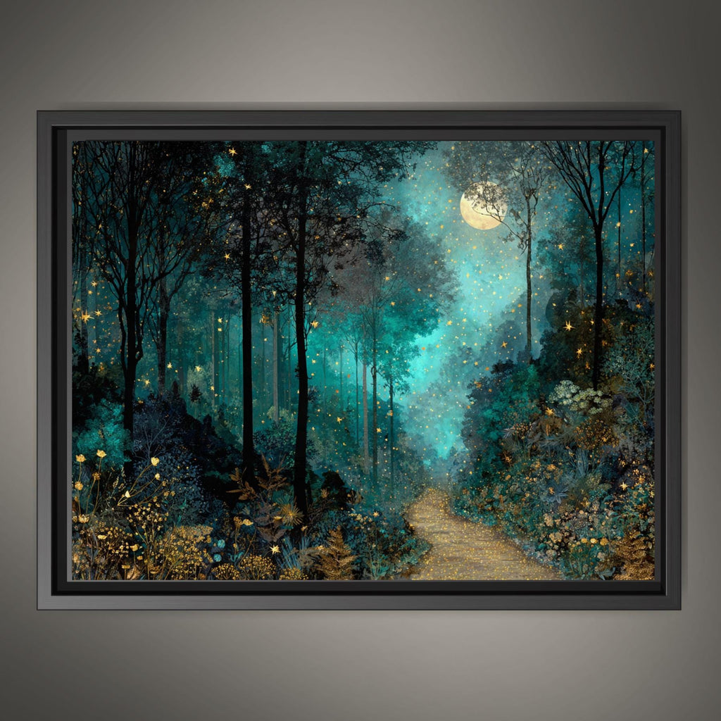 Moonlit Path Enchanted Forest Wall Art Print, Teal Woodland, Dark Academia Fantasy Night Landscape