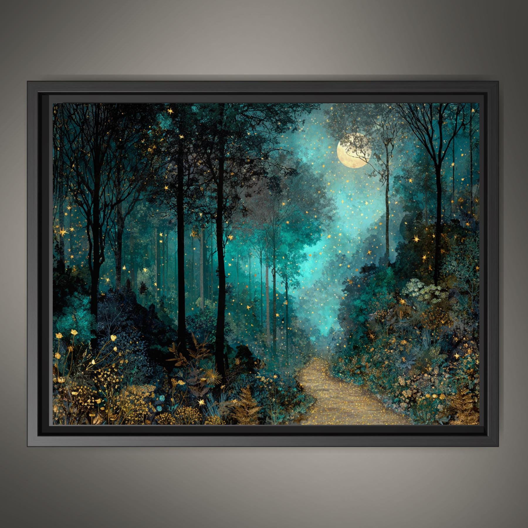 Moonlit Path Enchanted Forest Wall Art Print, Teal Woodland, Dark Academia Fantasy Night Landscape