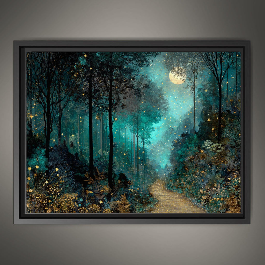 Moonlit Path Enchanted Forest Wall Art Print, Teal Woodland, Dark Academia Fantasy Night Landscape