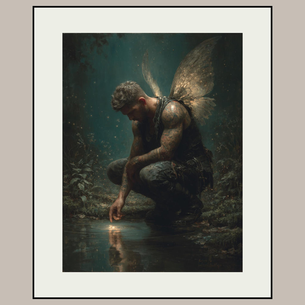 Male Angel Wall Art Tattooed Man Winged Fae Print Fantasy Guardian Decor Moody Masculine