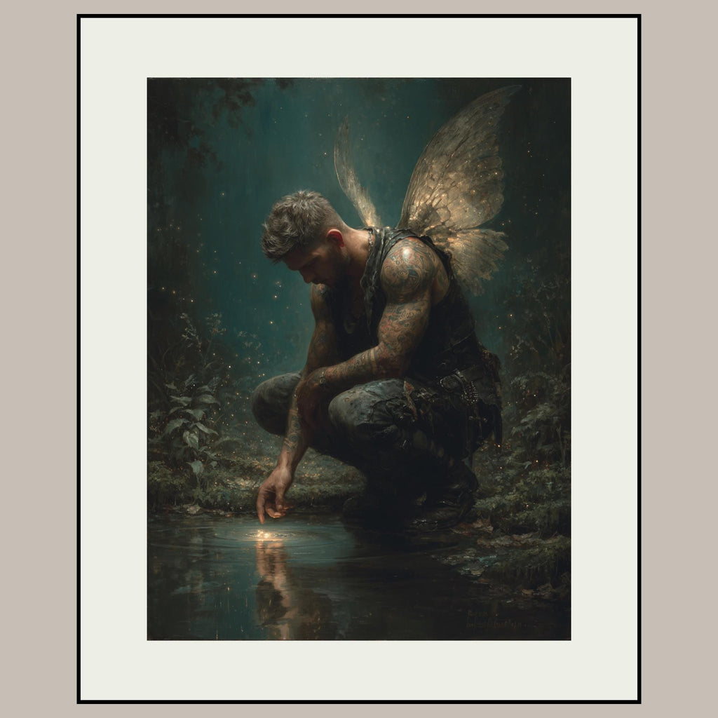 Male Angel Wall Art Tattooed Man Winged Fae Print Fantasy Guardian Decor Moody Masculine