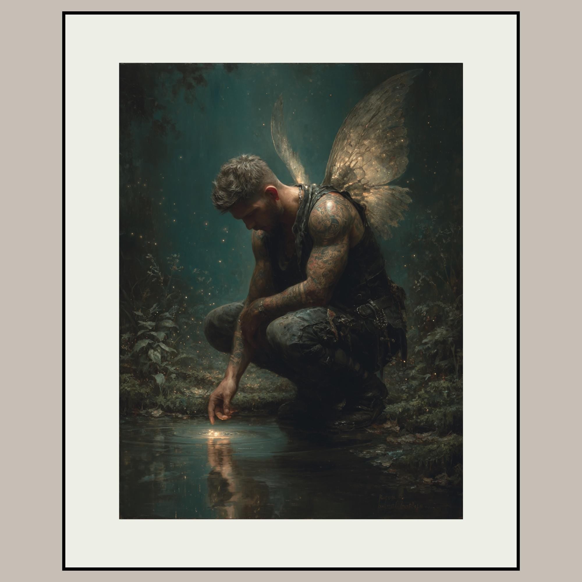 Male Angel Wall Art Tattooed Man Winged Fae Print Fantasy Guardian Decor Moody Masculine
