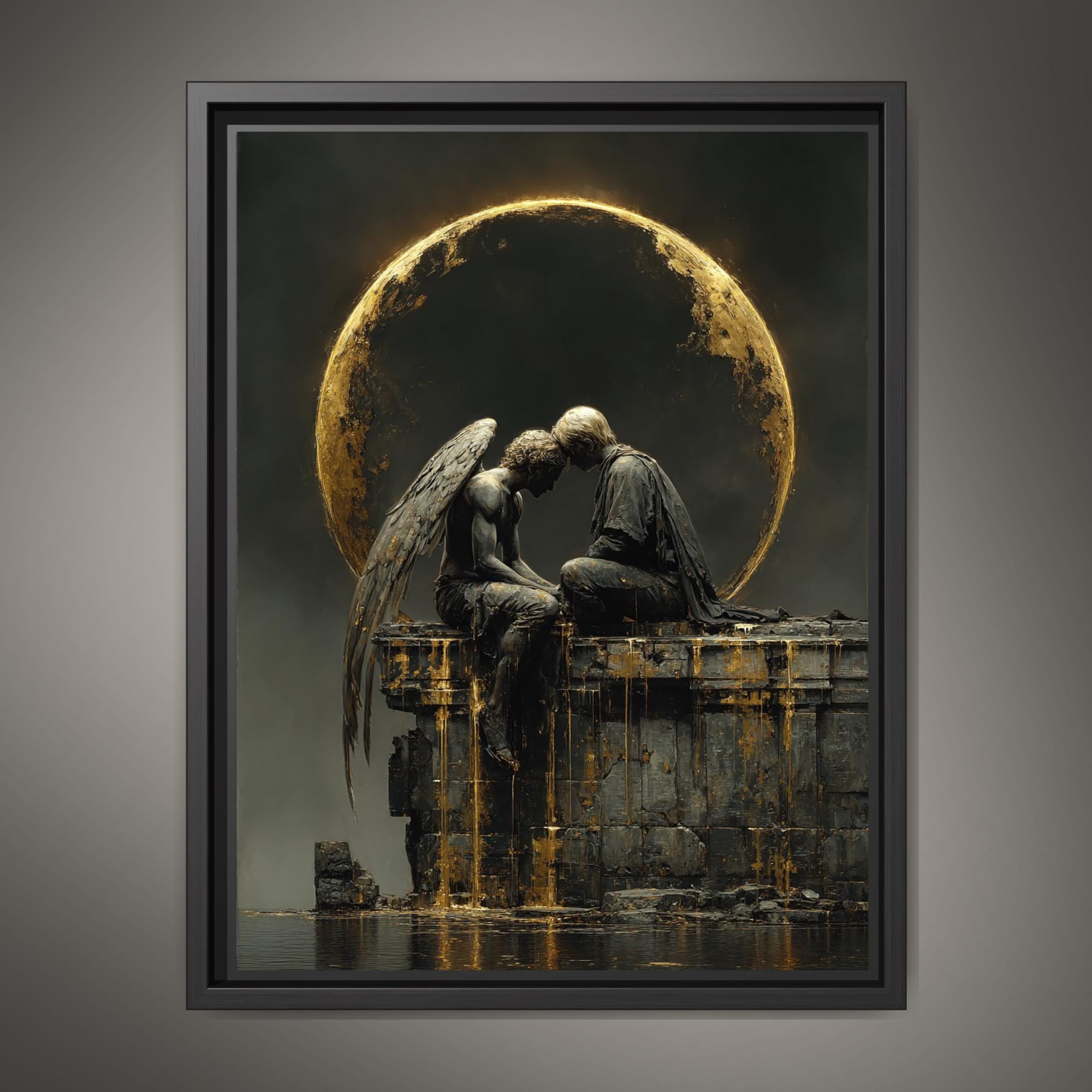 Angel and Lover Under Golden Eclipse Moon Art Print, Romantic Wall Art Celestial Painting Main image
