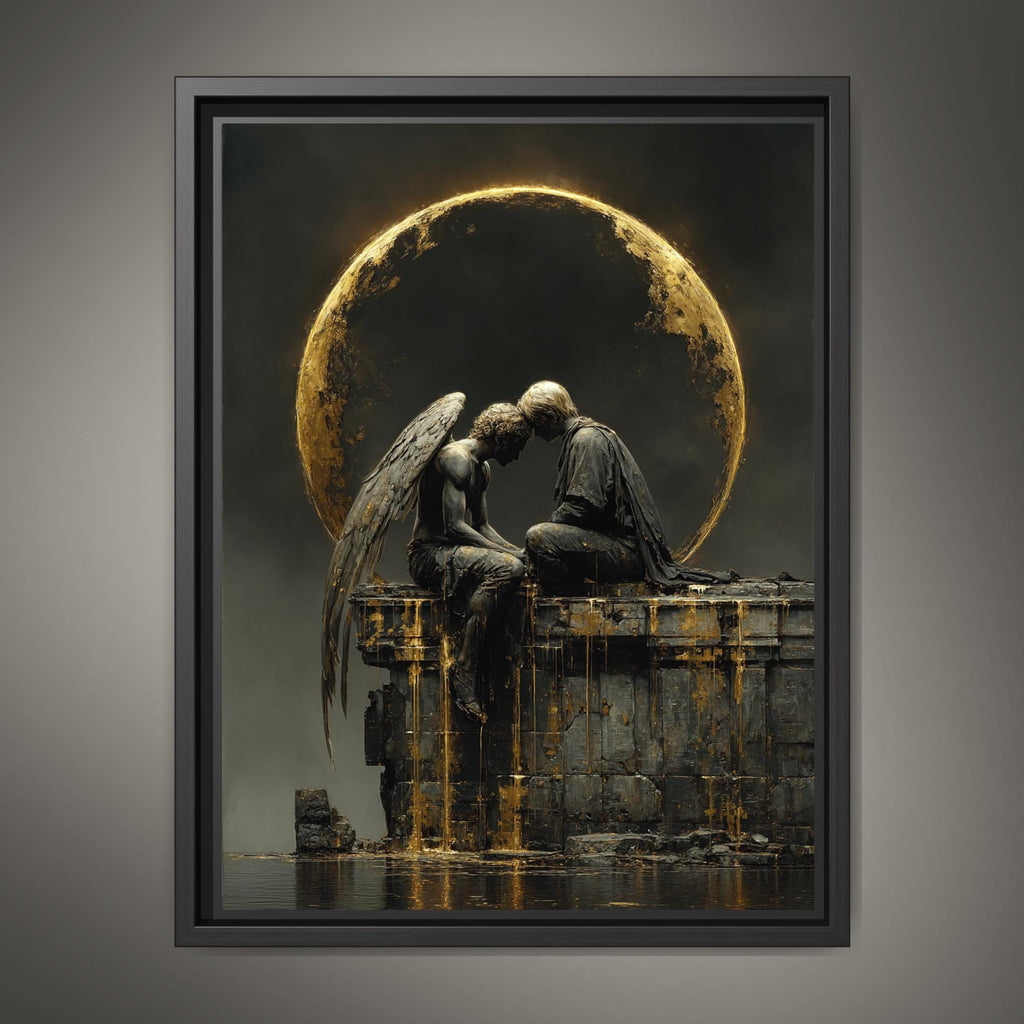 Angel and Lover Under Golden Eclipse Moon Art Print, Romantic Wall Art Celestial Painting