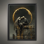 Angel and Lover Under Golden Eclipse Moon Art Print, Romantic Wall Art Celestial Painting
