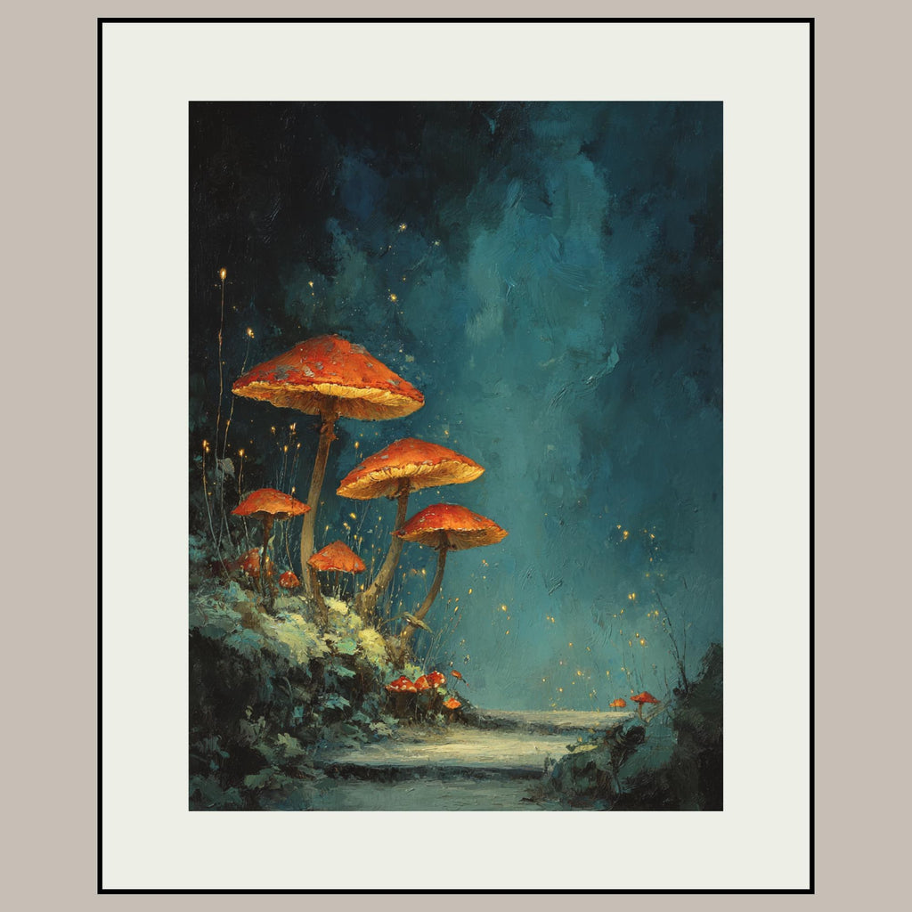 Whimsicore Toadstool Wall Art Red Glowing Mushroom Print Teal Blue Forest Glow Fairycore Decor