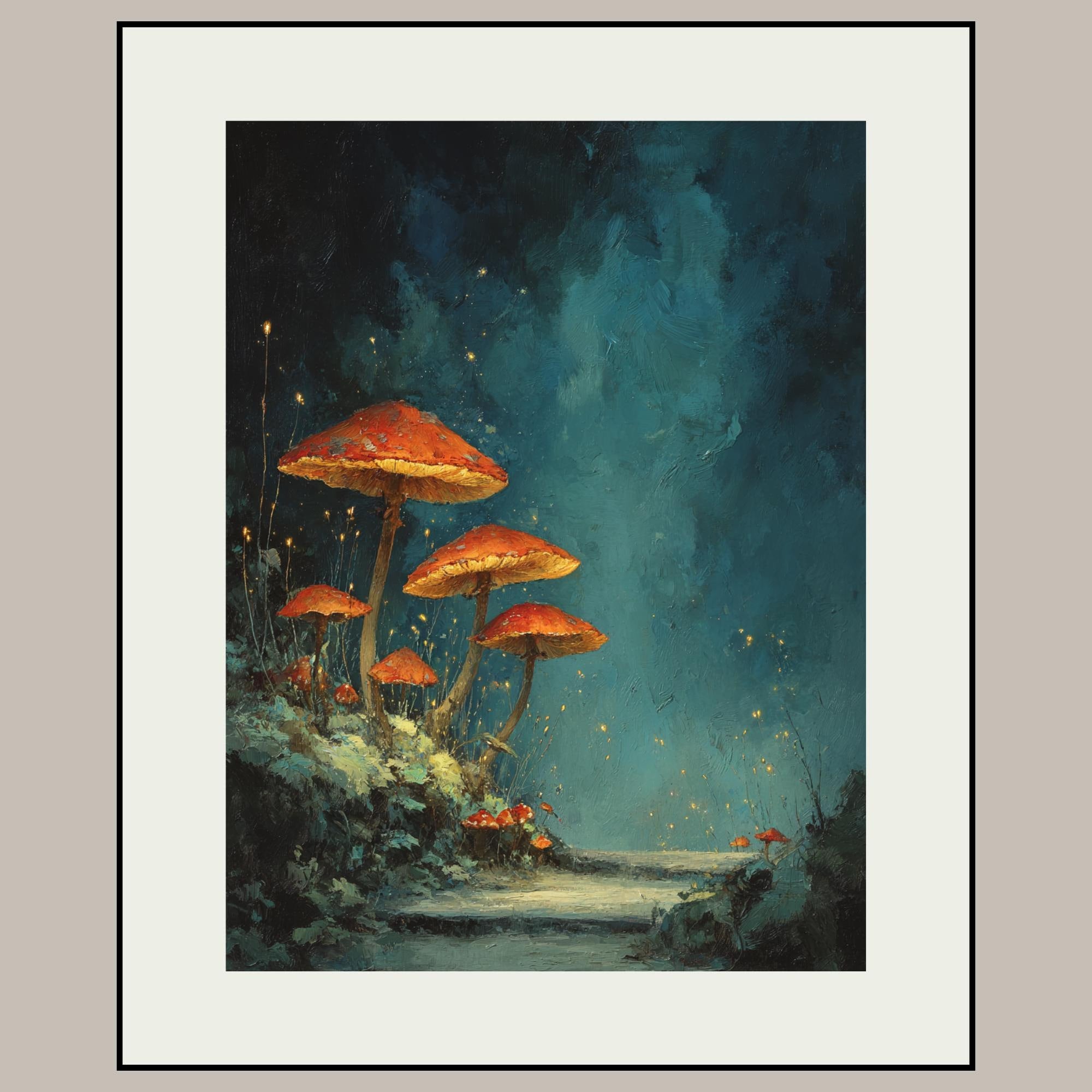 Whimsicore Toadstool Wall Art Red Glowing Mushroom Print Teal Blue Forest Glow Fairycore Decor