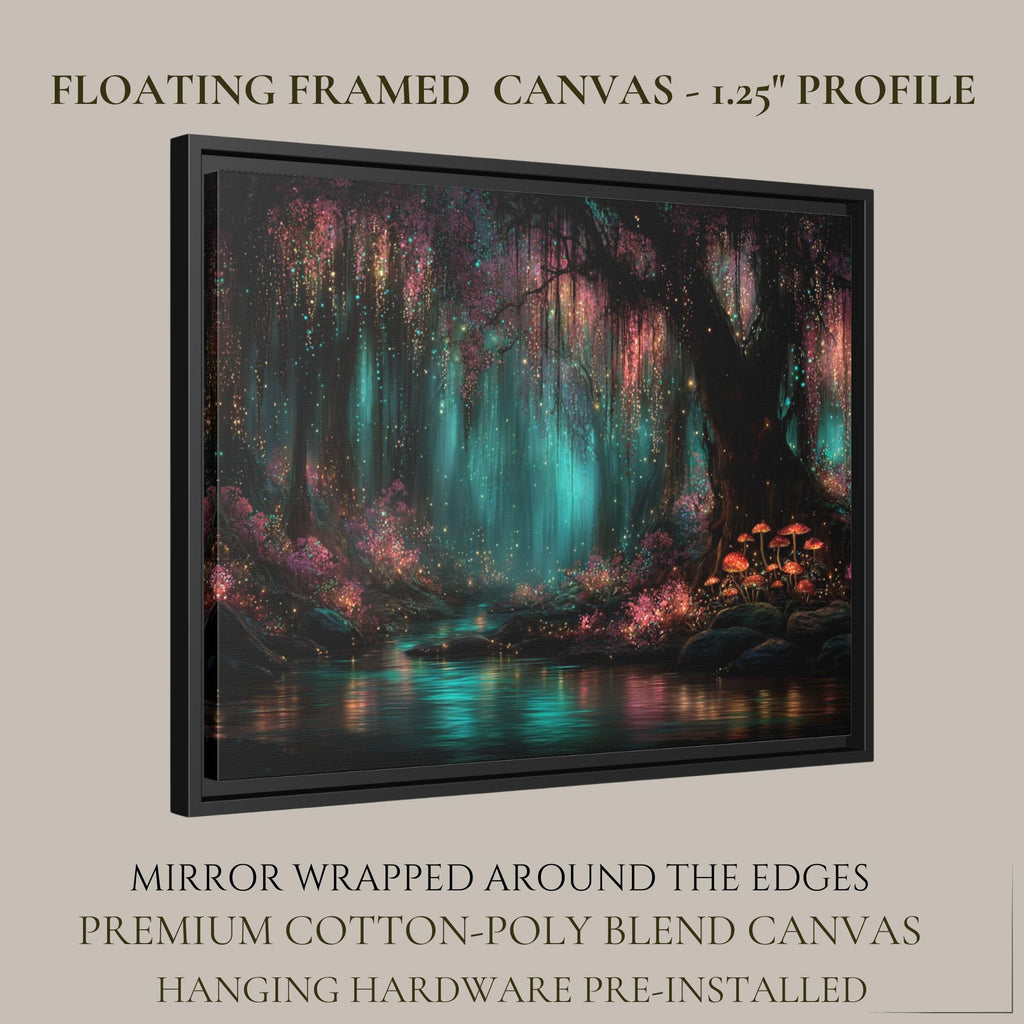 Enchanted Glowing Mushrooms Woodland Print, Teal Pink Magic Fairycore Whimsical Forest Painting