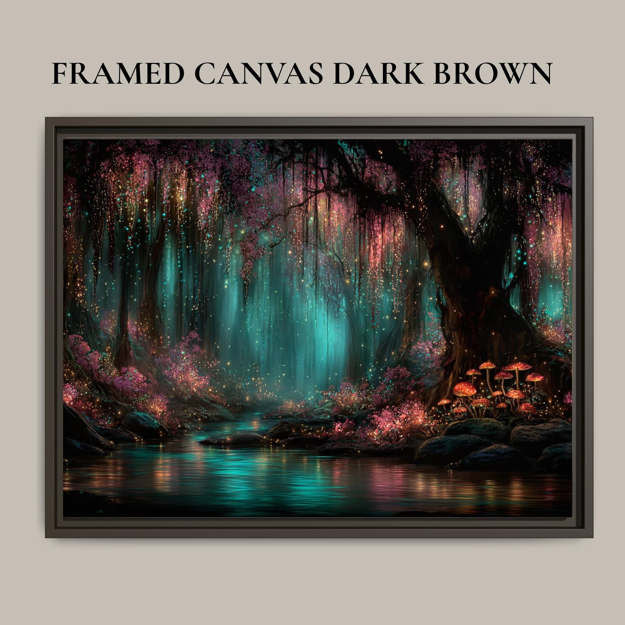 Enchanted Glowing Mushrooms Woodland Print, Teal Pink Magic Fairycore Whimsical Forest Painting