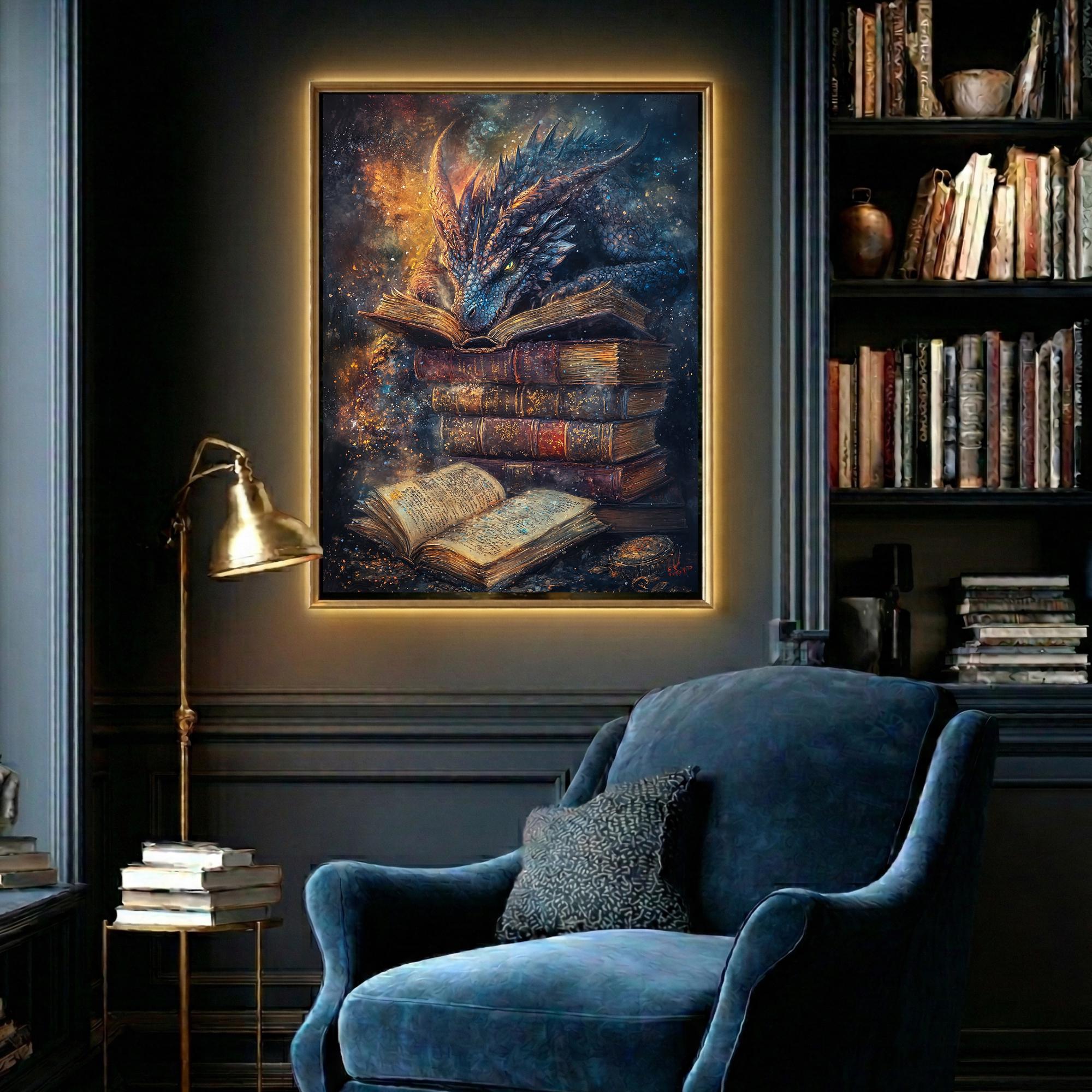 Fantasy Dragon Book Print, Mystical Serpent Wall Art Decor, Dark Academia Painting Secondary image
