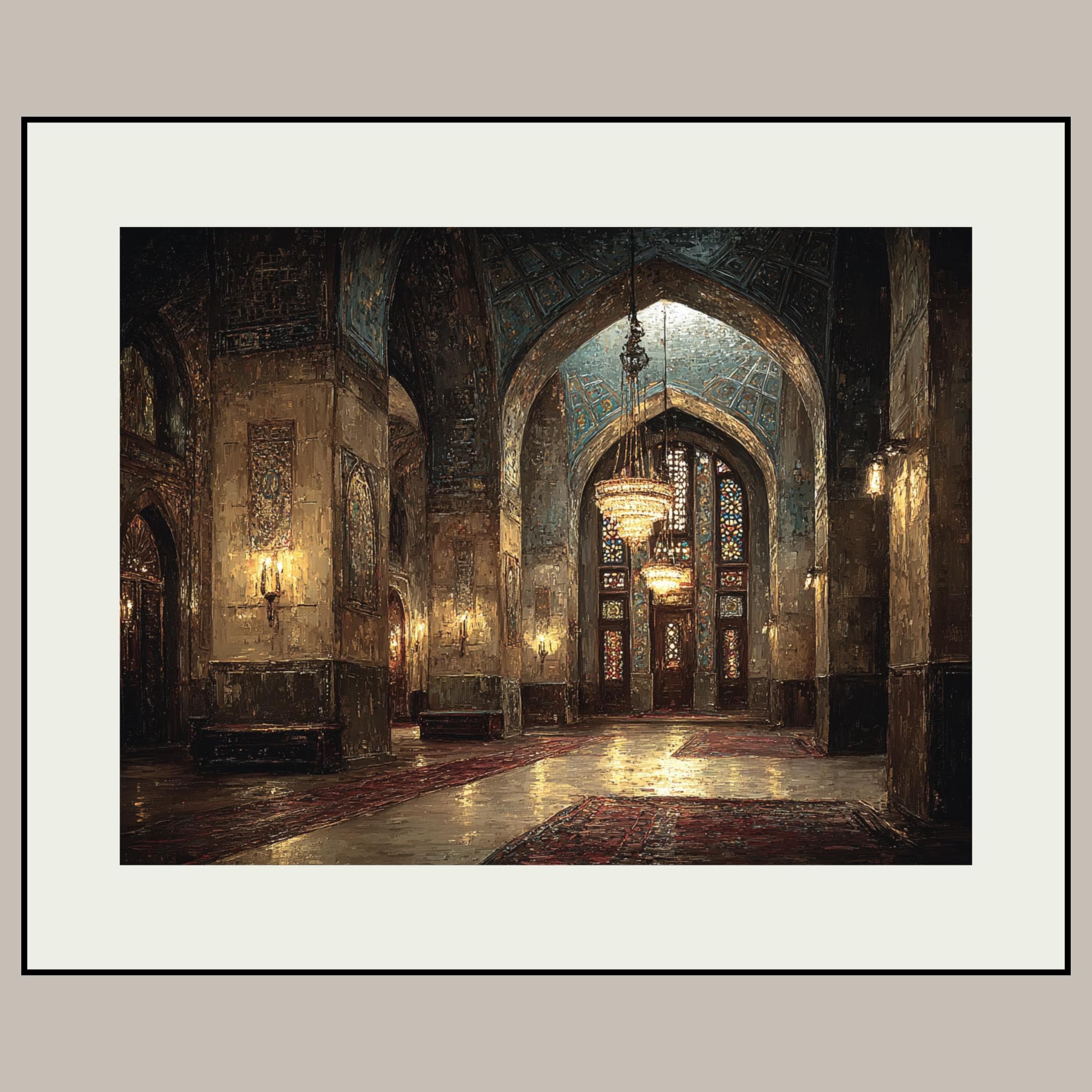 Golden Mosque Interior Wall Art, Sacred Islamic Architectural Painting, Glowing Chandeliers Print Secondary image