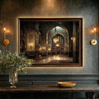 Golden Mosque Interior Wall Art, Sacred Islamic Architectural Painting, Glowing Chandeliers Print