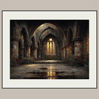 Gothic Abbey Ruins Wall Art, Golden Arched Windows Light Painting, Dark Academia Architecture Print