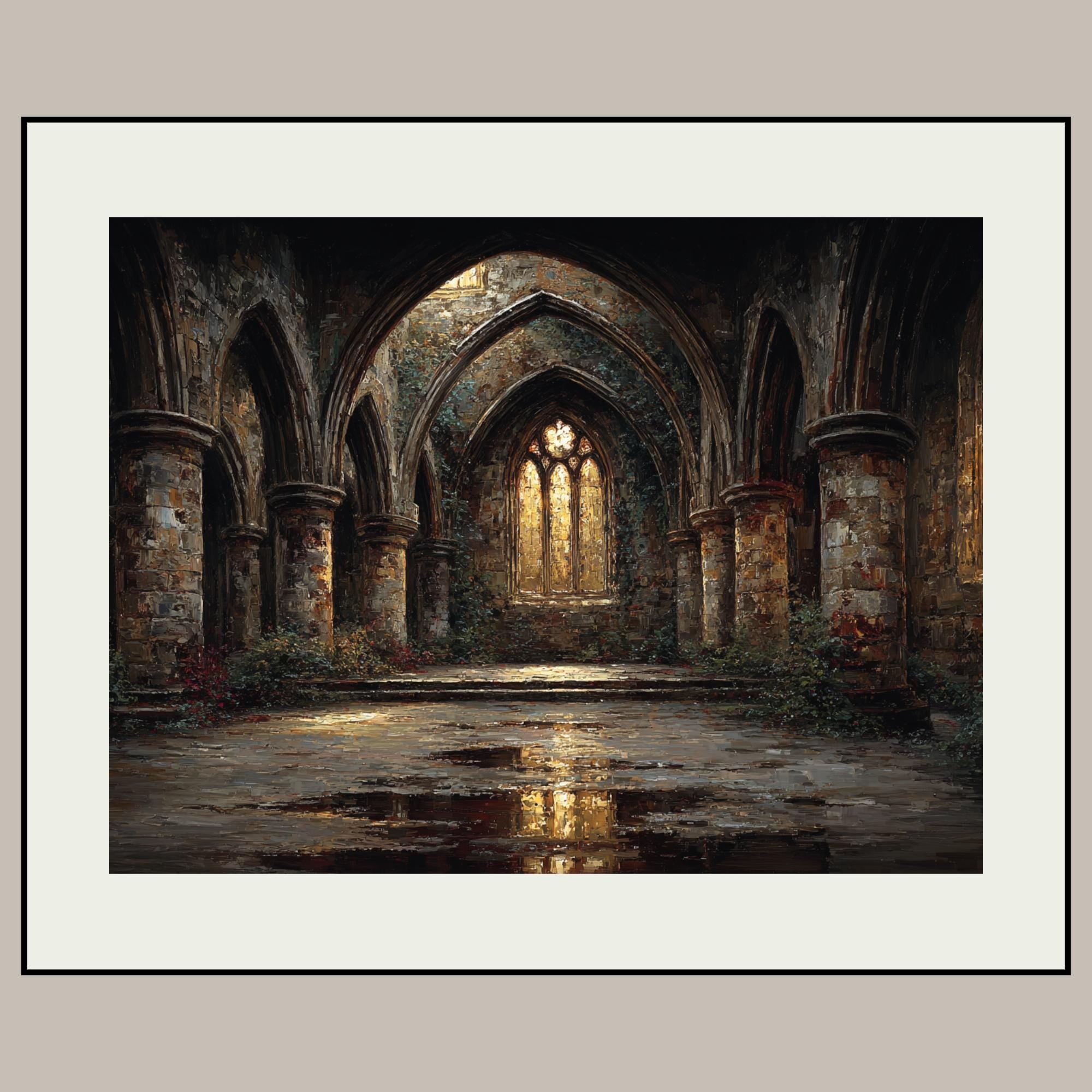 Gothic Abbey Ruins Wall Art, Golden Arched Windows Light Painting, Dark Academia Architecture Print