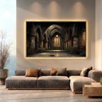 Gothic Abbey Ruins Wall Art, Golden Arched Windows Light Painting, Dark Academia Architecture Print