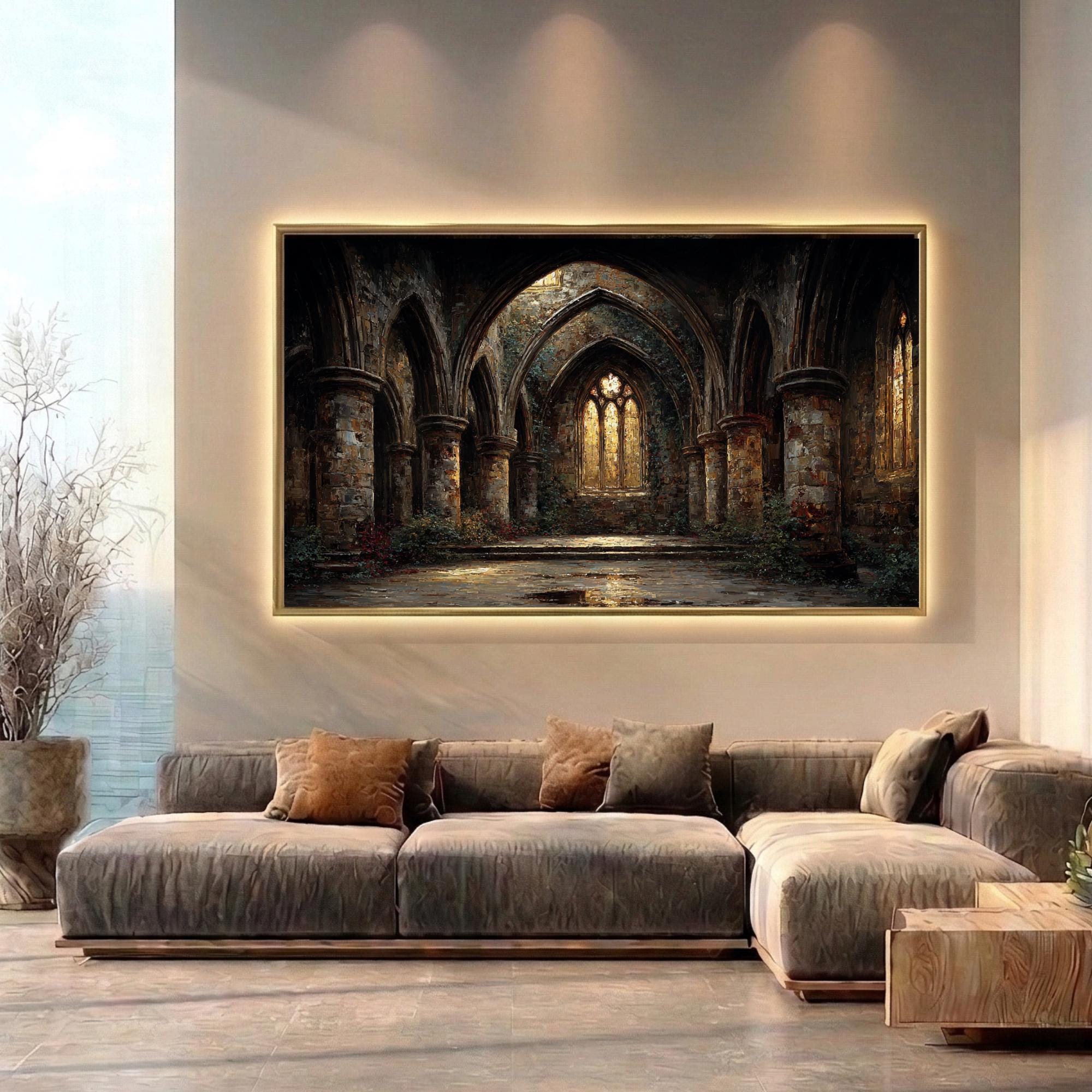 Gothic Abbey Ruins Wall Art, Golden Arched Windows Light Painting, Dark Academia Architecture Print