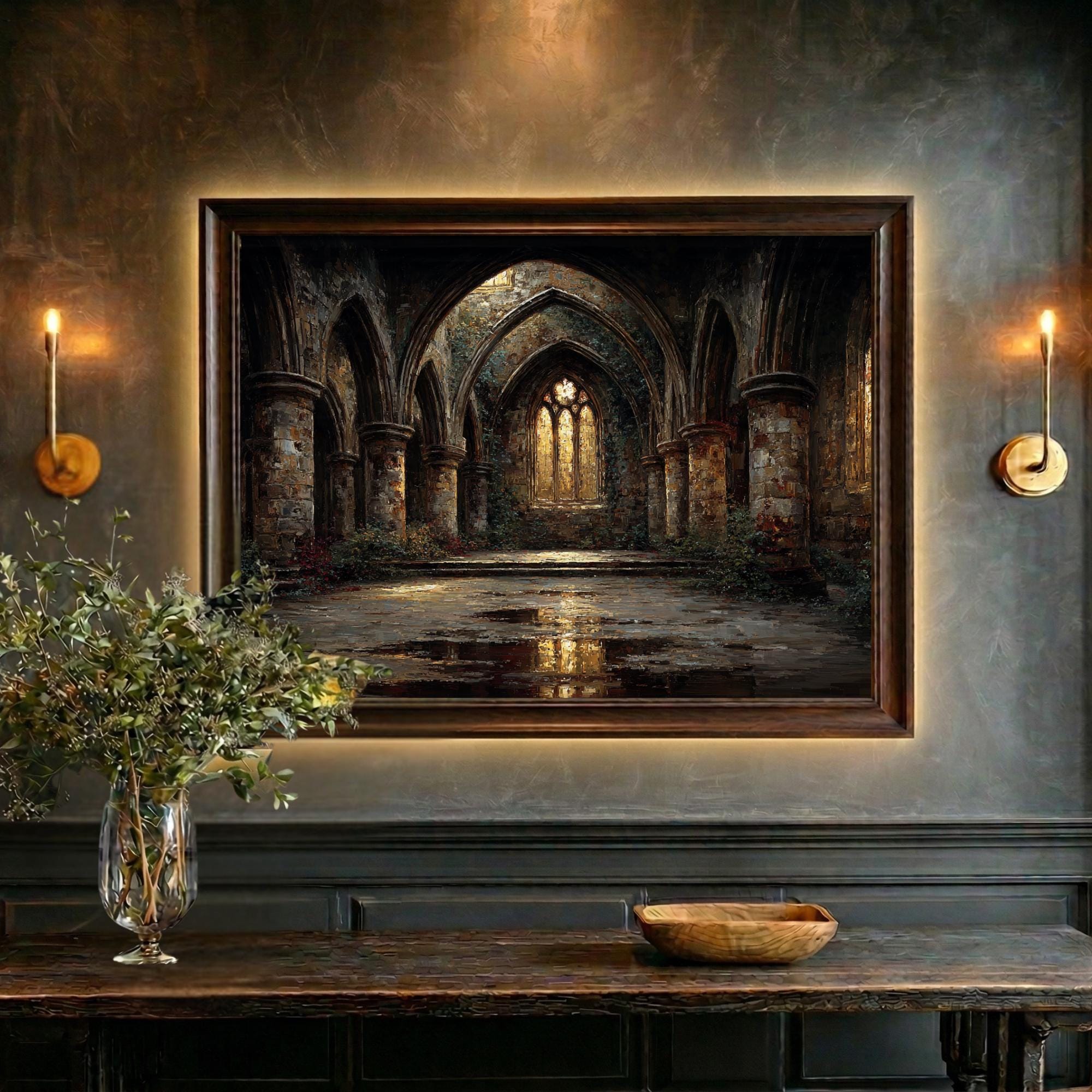 Gothic Abbey Ruins Wall Art, Golden Arched Windows Light Painting, Dark Academia Architecture Print Secondary image