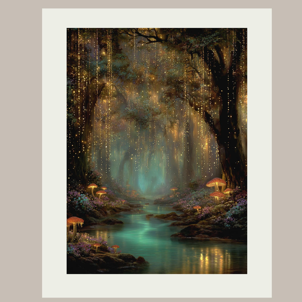 Toadstools and Fireflies Magical Glowing Fairycore Print Enchanted Teal River Forest Wallart