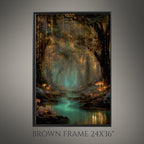 Toadstools and Fireflies Magical Glowing Fairycore Print Enchanted Teal River Forest Wallart