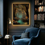 Toadstools and Fireflies Magical Glowing Fairycore Print Enchanted Teal River Forest Wallart