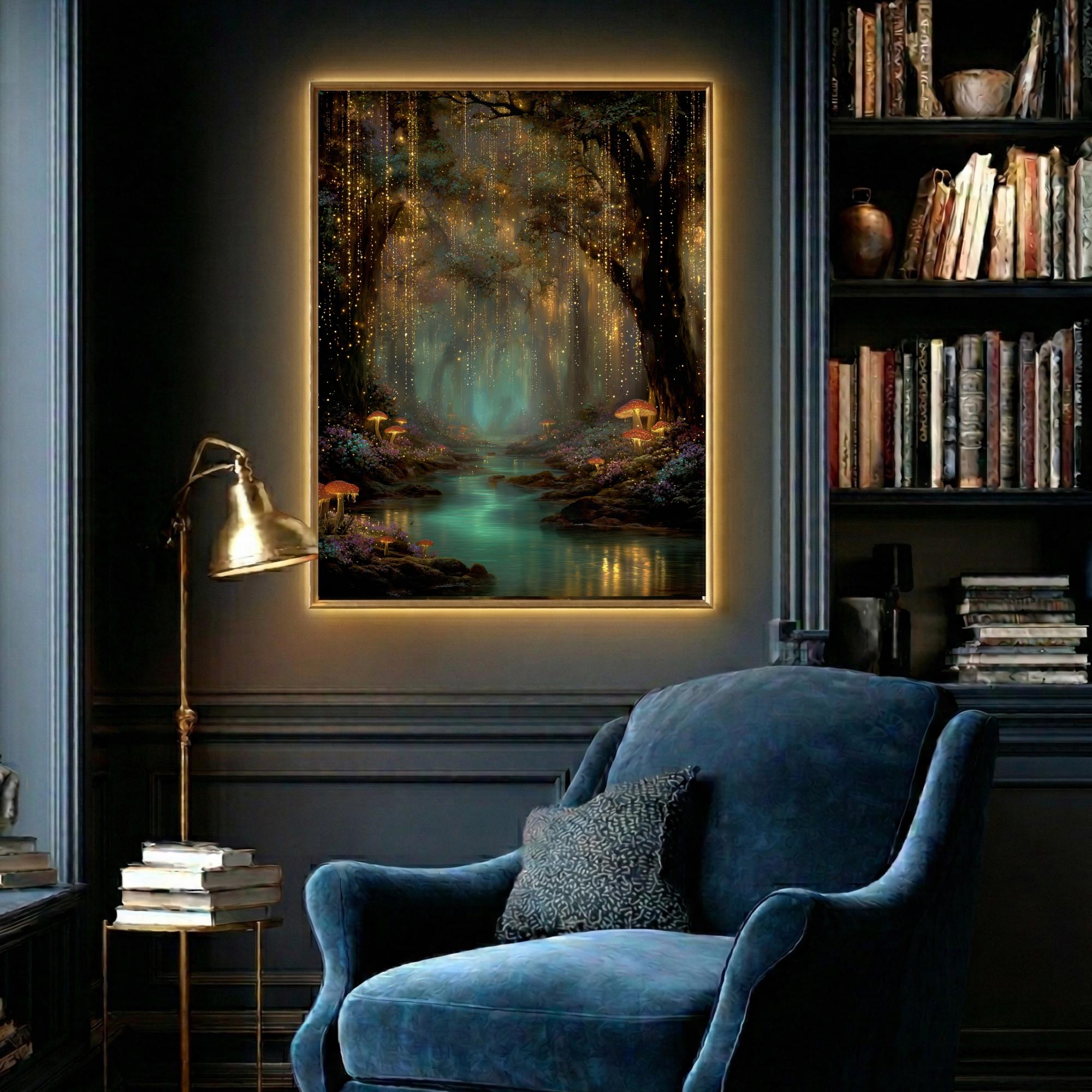 Toadstools and Fireflies Magical Glowing Fairycore Print Enchanted Teal River Forest Wallart