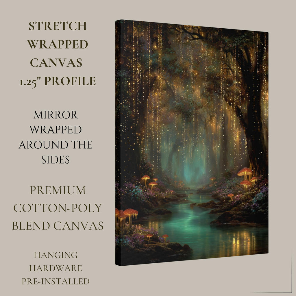Toadstools and Fireflies Magical Glowing Fairycore Print Enchanted Teal River Forest Wallart