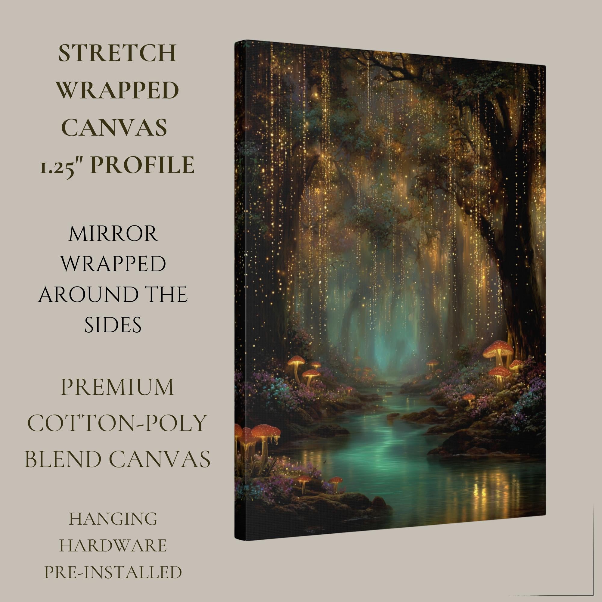 Toadstools and Fireflies Magical Glowing Fairycore Print Enchanted Teal River Forest Wallart