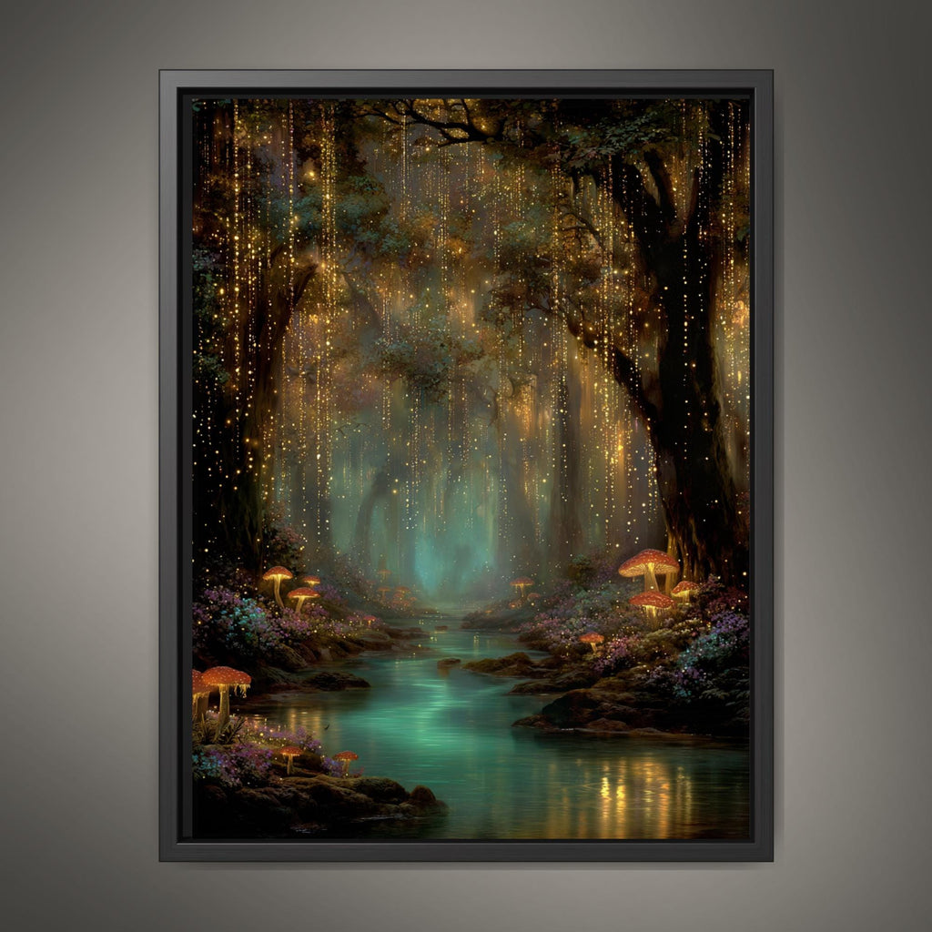 Toadstools and Fireflies Magical Glowing Fairycore Print Enchanted Teal River Forest Wallart